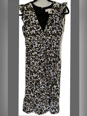 Women’s Olive Green Butterfly V-Neck Midi Dress
